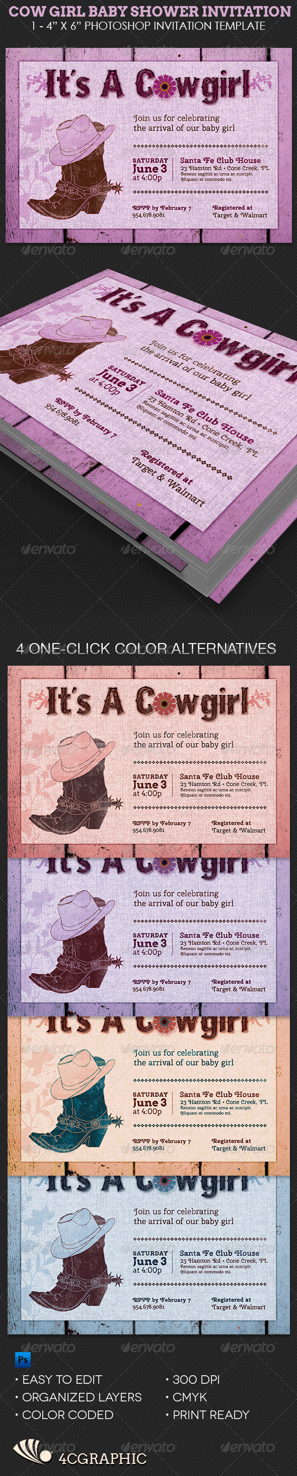 Cow Girl Baby Shower Invitation Template - Invitations Cards & Invites