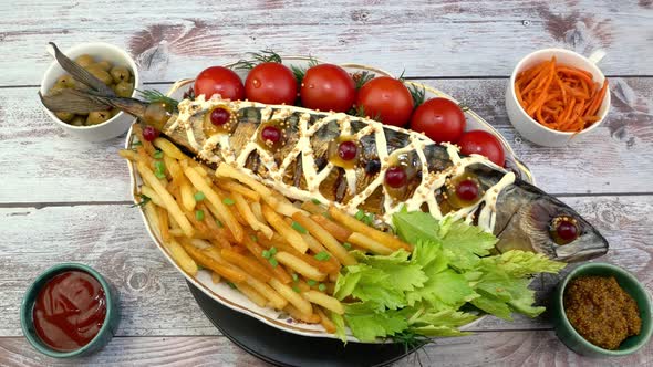 Fried Mackerel Fish with French Fries Tomatoes and Celery Leaves Rotating Slowly on Turntable alt