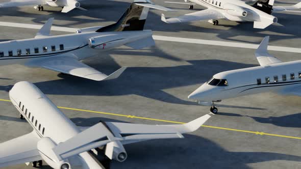 White jet planes on the airport. Aeroplanes on a runway ready to fly. Aerodrome. alt