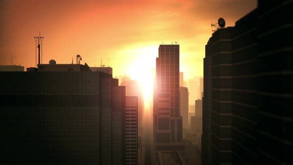 4K Flying Above City Tower Sunset 