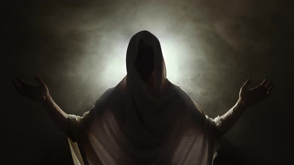 Holy Man Raises His Hands Against Bright Light alt