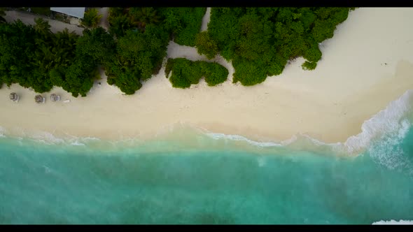 Aerial flying over travel of tropical coast beach adventure by blue ocean with bright sand backgroun alt