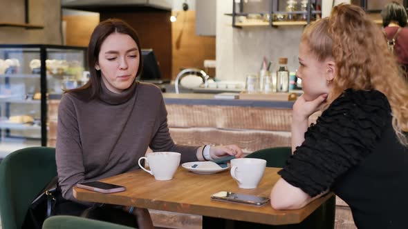 Two Beautiful Girls in a Restaurant at a Table Talking About Different Things alt