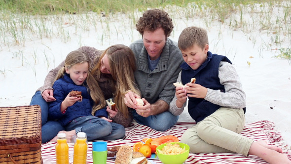 Happy Young Family Having A Picnic On The Beach