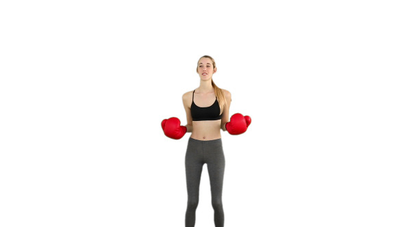 Fit Model Cheering With Red Boxing Gloves 4