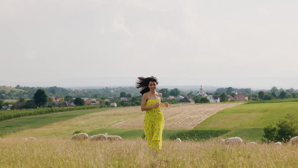 Ukrainian Woman is Running Near Sheep Lamb Flock at the Grass Field in Summer Day