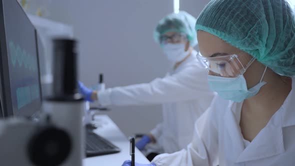 The Coronavirus or COVID vaccine researched by pharmaceutical bio research in laboratory room. alt