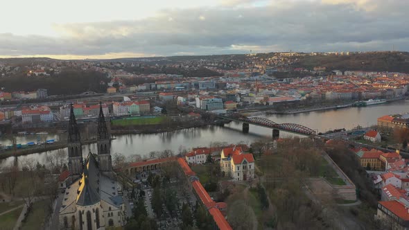 Aerial View of Vesehrad Over River Vltava at Sunset Light in Winter Time in Prague, Czech Republic alt