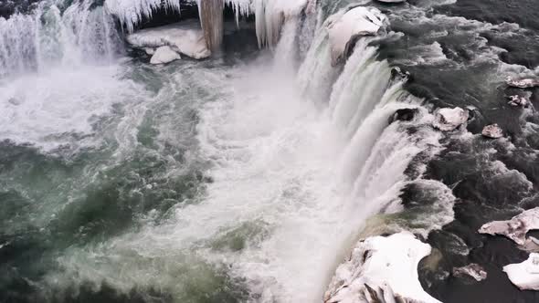Goðafoss Waterfall and River Skjálfandafljót in North Iceland in Winter, Aerial Close Up View of Col alt