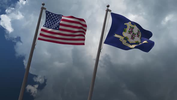 Waving Flags Of The United States And Connecticut State Flag 2K alt
