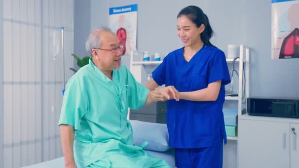 Portrait of Asian woman therapist and senior man patient at hospital. alt