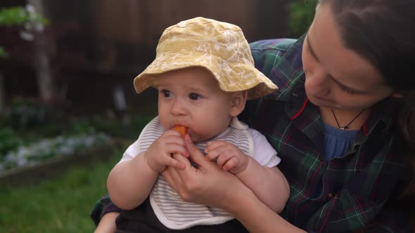 Happy Young Cheerful Mother Holding Baby Eating Fruits On Green Grass alt