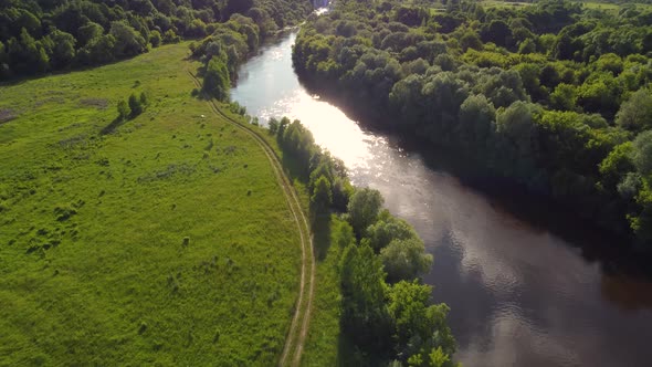 Drone Flight Over Water and Trees From a Height alt