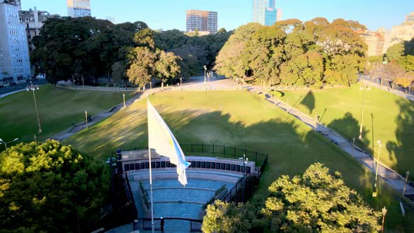Monument to the Fallen in Malvinas in San Martin Plaza, Buenos Aires; aerial alt