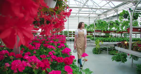 Woman Spraying with Water Flowers at Greenhouse