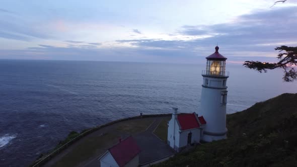 Aerial shot of Heceta Head Lighthouse at sunset, Oregon  alt