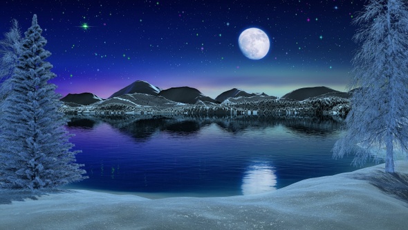 Winter Lake under Starry Sky with Moon