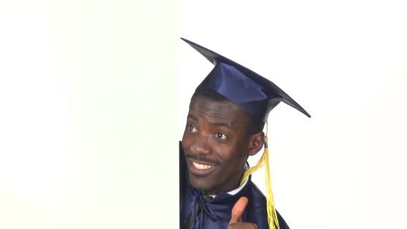 Graduate Pointing To the White Card, White, Slow Motion, Close Up alt