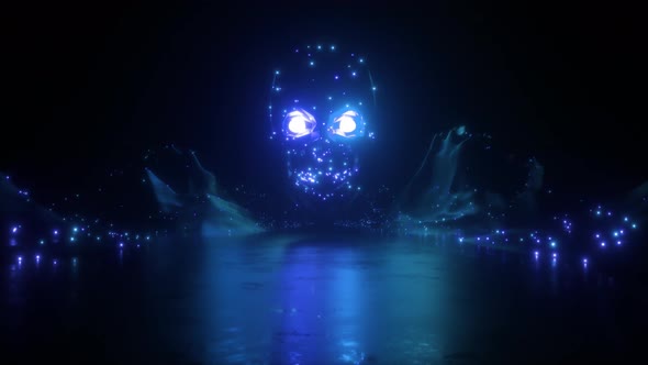 Neon Glowing Scull And Landscape Futuristic Backdrop alt