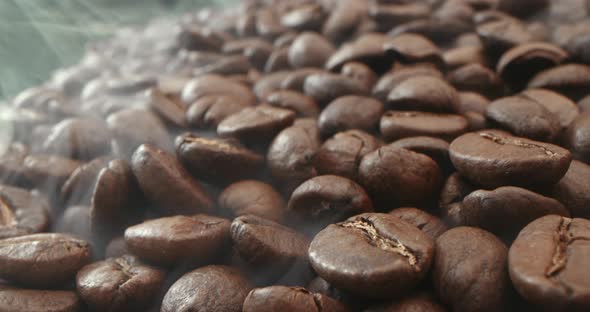 Macro Shot Roasting Coffee Beans Filmed in a Dark Key the Smoke Emanating From the Roasting of alt