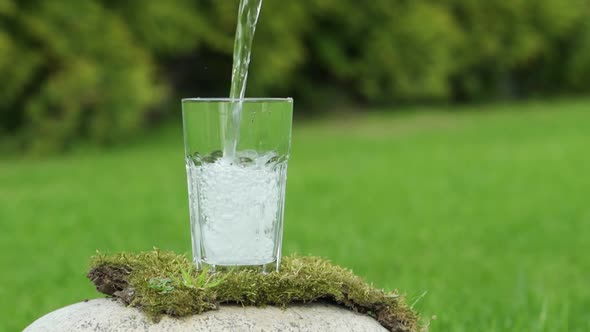 Clean Water Poured Into Glass Standing on Stone in Garden alt
