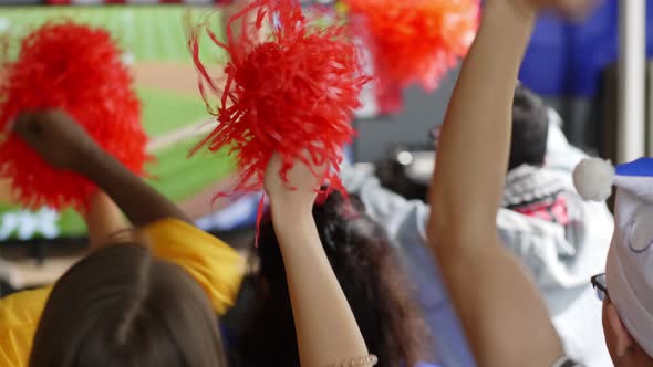 Fans with pom-pom behind plasma