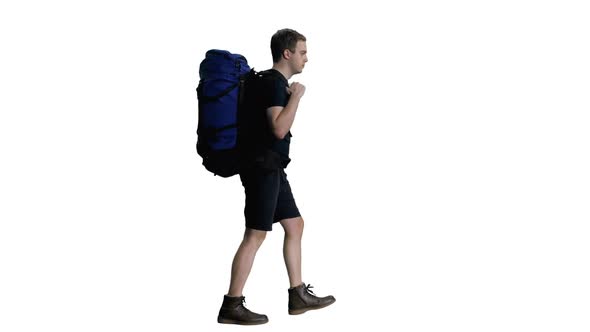 Young Tired Camper Walking with Rucksack, Alpha Channel Included