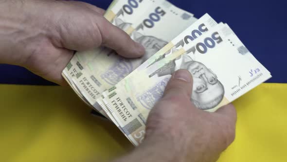 Recount Money Ukrainian Hryvnia Bills in Mans Hands Closeup on Ukrainian Flag Background alt