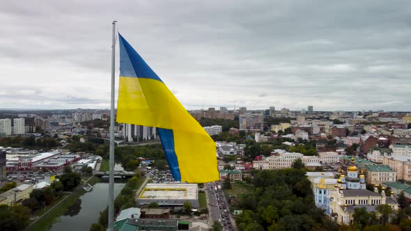 Flag of Ukraine, Kharkiv city center autumn aerial