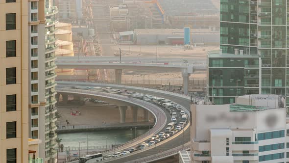 Traffic on the Bridge at JBR and Dubai Marina During Sunset Aerial Timelapse alt