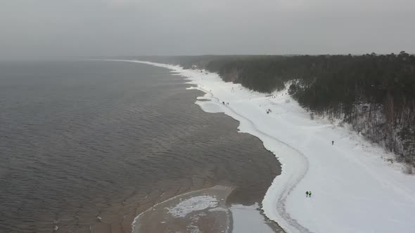 Aerial view of Baltic sea coastline in winter