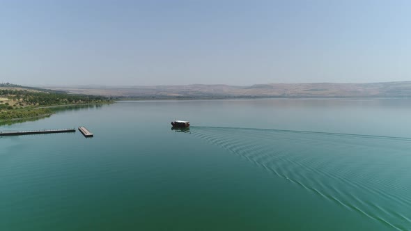 Aerial view of boat on the Sea of Galilee  alt