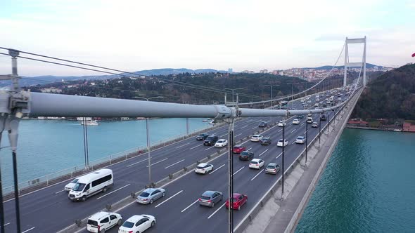 Istanbul Bosphorus Bridge And Traffic Side Aerial View