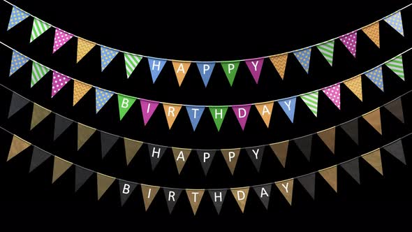 Loop Holiday Flags with the Inscription Happy Birthday Hanging on a Rope with Alpha Channel alt