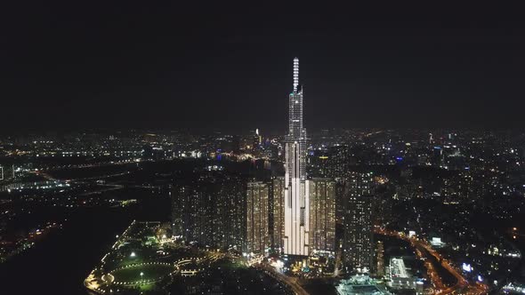 Aerial View of Downtown SaiGon at Night, Ho Chi Minh city, VietNam