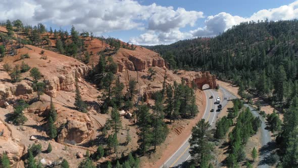 Bryce Canyon.  Aerial Over the Road at Beautiful Red Rock Formations, Utah USA alt