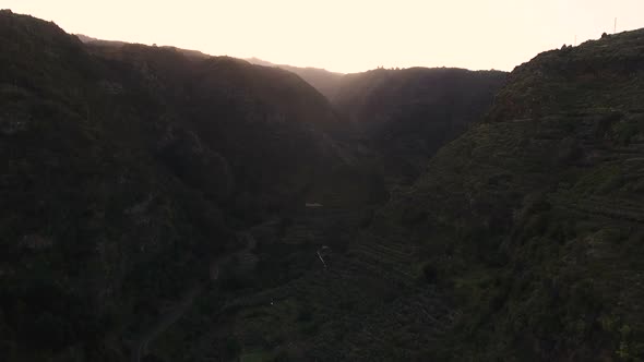 Flight Over Canyon In Evening Dusk