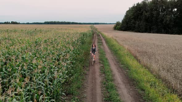 Aerial View of a Girl Riding a Bicycle Between Fields on Countryside alt
