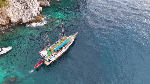 The Pirates yacht calls at the port aerial view 4 K Turkey Aanya alt
