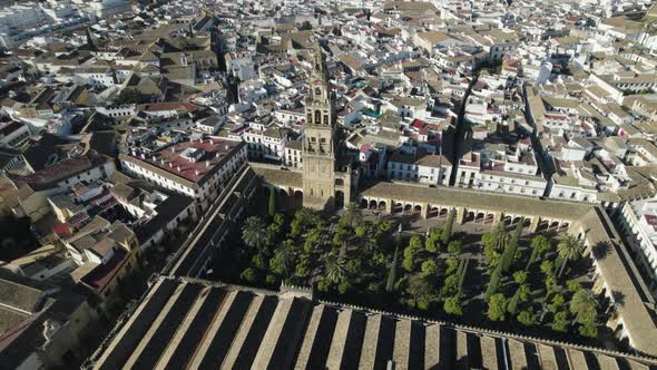 Patio de los Naranjos, iconic garden in Cordoba Cathedral with Bell tower, Torre del campanario, Aer