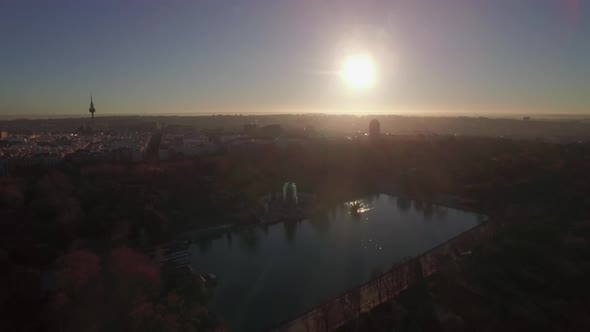 Aerial view of Madrid at dawn, Spain City scene with Buen Retiro Park alt