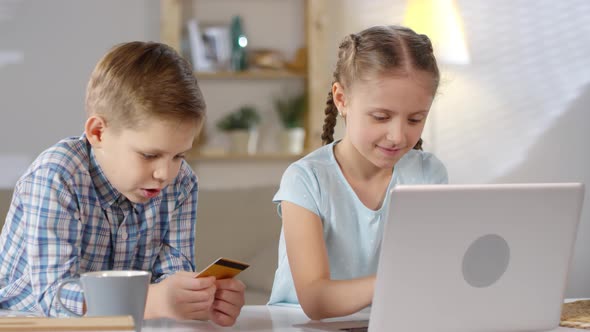 Two Siblings Shopping Online with Computer alt