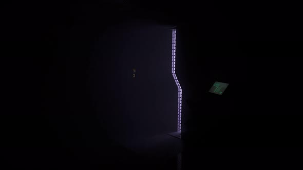 Sci-fi spacecraft doors opening in front of a camera illuminating the corridor.