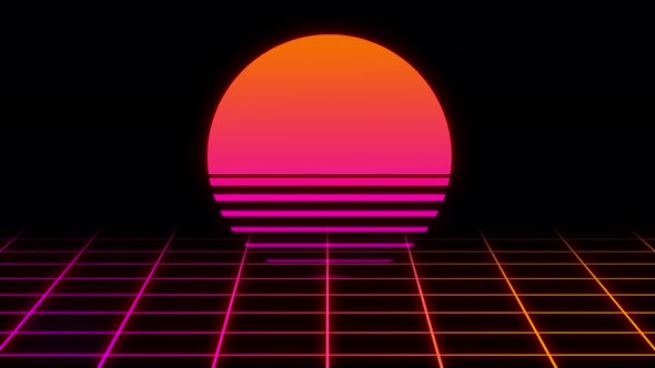 Retro Futuristic grid and sunset background.