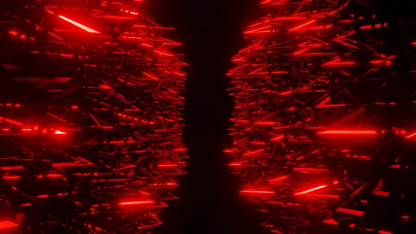 Two Abstract Walls of Red Sharp Polygons with Reflection Shrink Against a Black Background