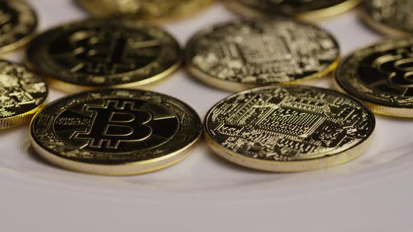Rotating shot of Bitcoins (digital cryptocurrency) alt