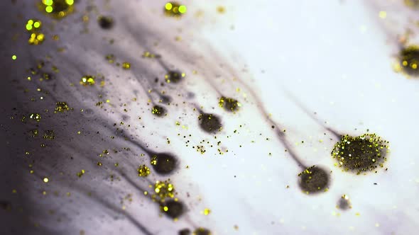 Macro Close Up Shot Of Golden Wet Glitter. Golden Space Glittering Particle Background.  alt