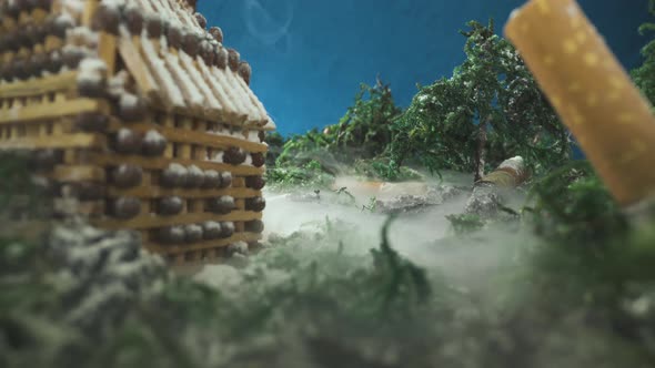 Miniature with Building of Matches Stubs and Smoke in Wood alt