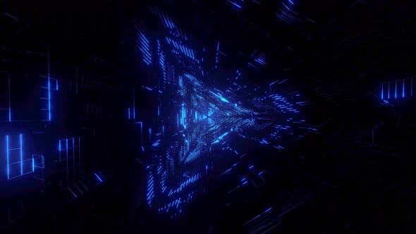 Flight into Abstract Neon Blue Triangle Sci-Fi Tunnel