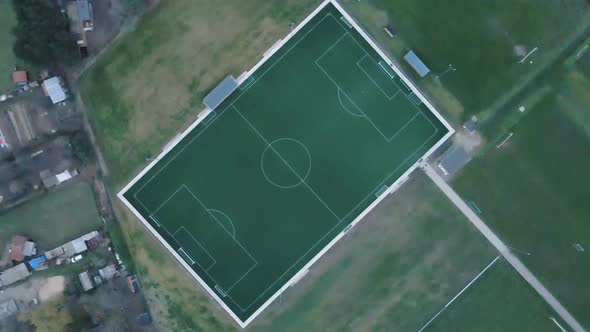 Birds eye / top view of a green soccer / football field